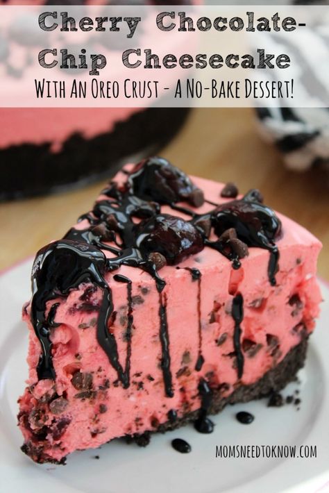 No Bake Cherry Chocolate Chip Cheesecake With Oreo Crust | Moms Need To Know ™ Chocolate Chip Pie, Cheesecake Oreo, Quick Treats, Chocolate Chip Cheesecake, Cherry Chocolate, Cherry Baby, Oreo Crust, Cherry Cheesecake, Bake Cheesecake