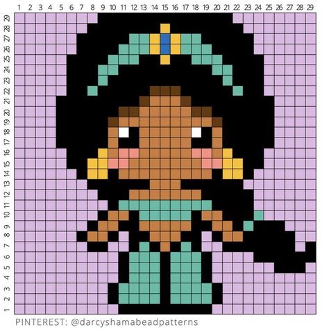 Jasmine Perler Beads, Princess Peach Pixel Art Grid, Perler Bead Patterns Disney Princess, Perler Bead Patterns Princess, Disney Princess Hama Beads, Pixel Art Pattern Disney Princesses, Disney Princess Pixel Art Grid, Pixel Drawing Disney, Pixel Disney Art