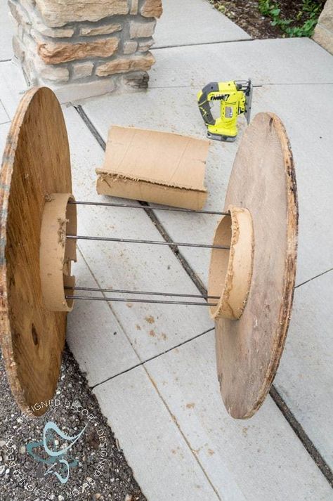 Repurposed-Electric-Spool-Table-ryobi-jig-saw Wood Spool Tables, Cable Spool Furniture, Cable Spool Tables, Wooden Spool Tables, Wooden Spool Projects, Spool Table, Spool Furniture, Diy Furniture Building, Spool Tables