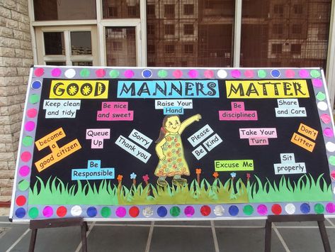 Board decoration on good manners Good Manners Bulletin Board Ideas, Notice Board Decoration Ideas For School, School Notice Board Decoration, Garden Of Good Manners, Notice Board Decoration Ideas School, Notice Board Decoration, Reading Comprehension Grade 1, Sign Language Letters, Soft Board Decoration