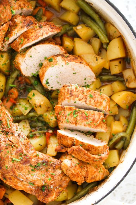 Stovetop pork tenderloin in Dutch oven – a simple and delicious recipe with lots of potatoes and vegetables. #whereismyspoon #dutchovenrecipe #porktenderloindutchoven #dutchovenporktenderloin #porkrecipes #porktenderloinrecipes #porkandpotatoes #porkandvegetables Dutch Oven Recipes Pork Chops, Braised Pork Tenderloin Dutch Oven, Pork Loin Recipes Dutch Oven, Pork Loin In Dutch Oven Recipe, Pork Loin In Dutch Oven, Dutch Oven Pork Loin Recipes, Pork Tenderloin Dutch Oven Recipes, Pork Tenderloin Recipes In Dutch Oven, Pork Tenderloin In Dutch Oven