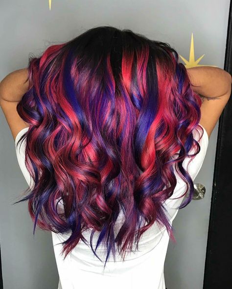 Purple and red hair Purple In Red Hair, Black Hair With Red And Purple Highlights, Red Blue Purple Hair Highlights, Highlights Shag Hair, Multi Red Hair Color Combos, Red And Purple Hair Short, Purple And Red Hair Highlights, Blue Purple Red Hair, Red Blue And Purple Hair