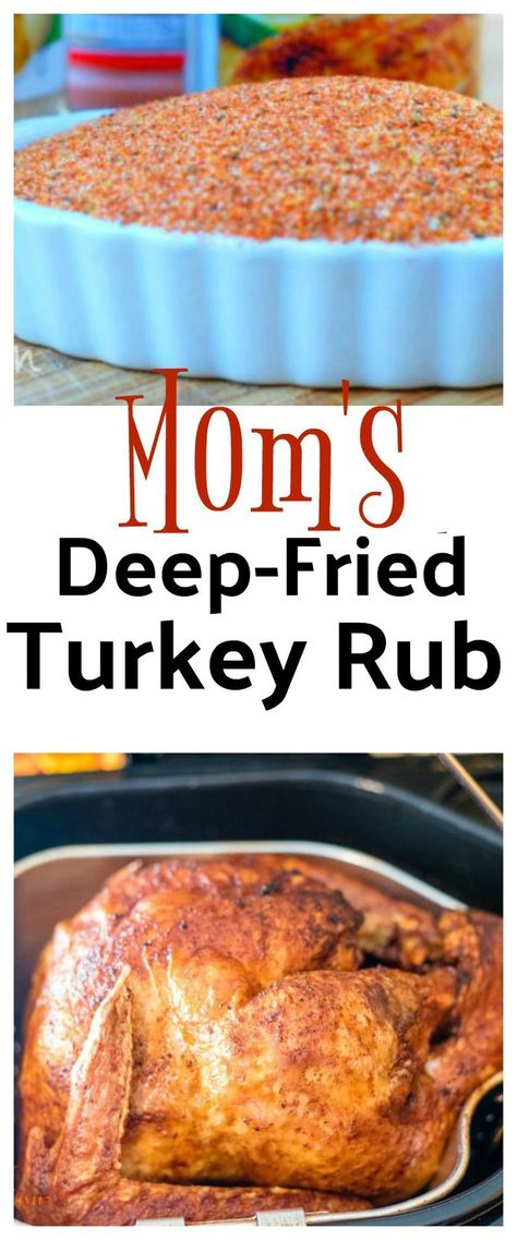 Mom's Deep-Fried Turkey Rub is a game changer when it comes to seasoning your holiday turkey. Even if you don't deep fry your turkey, try this rub. It's amazing and is the only seasoning I ever use when cooking a turkey. Cajun Deep Fried Turkey Rub, Deep Fried Turkey Rub, Deep Fried Turkey Recipes, Turkey Rub Recipes, Brine Recipes, Turkey Rub, Turkey Seasoning, Fried Turkey Recipes, Deep Fried Turkey