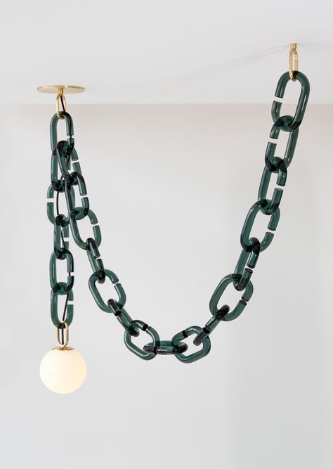 Cerine Swagged pendant lighting fixture made from hand-formed glass chain links.  Shown in brushed brass and grey-green glass. Chain Pendant Lights, Chain Link Light Fixture, Chain Pendant Light, Chain Furniture, Chain Light Fixture, Swag Light Fixture, Swag Pendant Light, Sculptural Lighting, Artistic Lighting