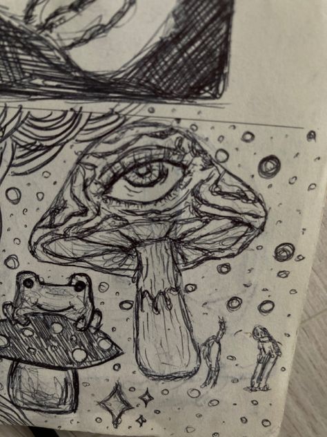 #mushroom #eye #sketch Drawing Mashrums Ideas, Mushroom Eyes Drawing, Eye Mushroom Art, Spooky Mushroom Drawing, Mushroom Head Drawing, Mushroom With Eyes Drawing, Mushroom Eye Drawing, Mushroom Sketch Trippy, Mushroom Person Drawing