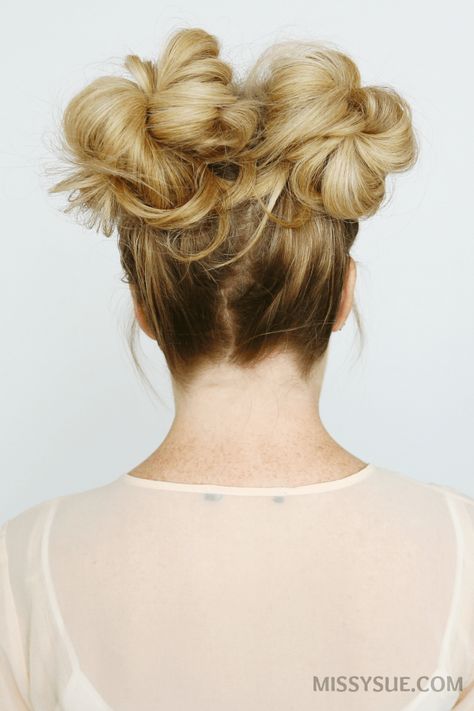 double-high-buns-tutorial Mini Bun Hairstyles, Mini Bun, Missy Sue, High Hair, Easy Bun Hairstyles, Bun Hairstyles For Long Hair, Feathered Hairstyles, Cool Haircuts, Messy Hairstyles