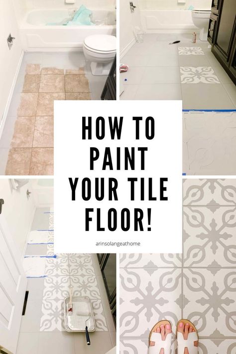 Jun 19, 2020 - A full tutorial on how to paint tile floors and stencil them for a great finished outcome and total room transformation by Arin Solange at Home. Stenciled Tile Floor, Bathroom Tile Diy, Painting Bathroom Tiles, Paint Tile, Brown Tile, Painting Tile Floors, Diy Bathroom Makeover, Bathroom Floors, Diy Tile