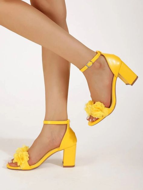 Women's Yellow Avant-garde Ankle Strap Sandals With Flower Decoration And Chunky Heels | SHEIN USA Glamour Vintage, Yellow Heels, Heels Online, Womens Chunky Heels, Ankle Strap Heels, Mid Heel, Heeled Sandals, Ankle Strap Sandals, Strap Heels