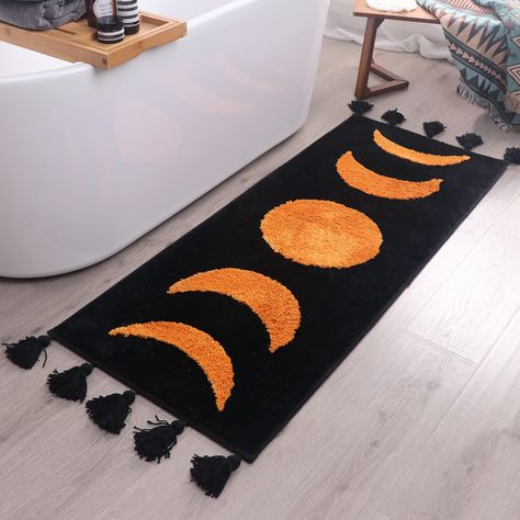 Black Boho Decor, Bathroom Rug Runner, Urban Outfitters Decor, Witchy Bathroom, Boho Bathroom Rugs, Boho Bathroom Rug, Moon Rug, Boho Bath Mat, Boho Runner Rug