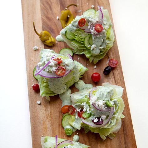 8 Recipes for the Coolest Retro Salad Around: The Wedge | Food & Wine Feta Dressing Recipe, Cucumber Red Onion Salad, Wedge Salad Recipes, Feta Dressing, Blue Cheese Dressing Recipe, Dressing Salad, Greek Yogurt Dressing, Creamy Feta, Wedge Salad