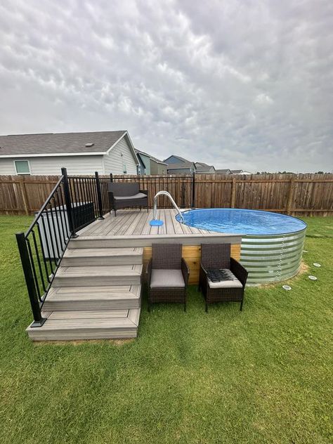 Stock Tank Pools | Just need to stain the side of the deck and it’s finished. | Facebook Stock Tank Deck, Tank Pool Ideas, Stock Tank Pool Ideas, Stock Tank Pools, Tank Pools, Flat Deck, 2am Thoughts, Hampton Home, Swimming Pool Landscaping