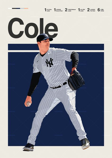 Gerrit Cole poster featuring a mid century modern design style. The high-quality print showcases a beautiful digital drawing of Gerrit Cole. Perfect for any New York Yankees fan looking to add some flair to their living space. Sports Modern Baseball, Retro Baseball Design, Vintage Baseball Graphic Design, Modern Baseball Poster, Yankees Poster, Baseball Wallpaper, Yankees Fan, Baseball Posters, Baseball Art