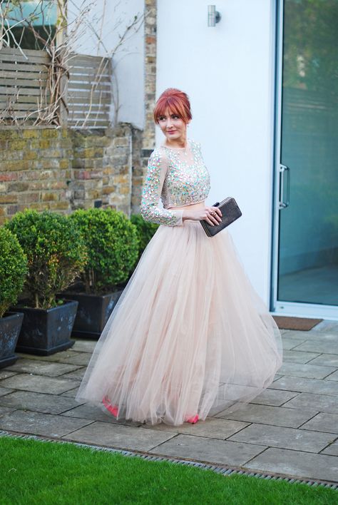 Fairy princess Cinderella style: Blush pink crystal covered crop top, floor length tulle skirt, pink pointed heels | Evening wear, gown, dress | Not Dressed As Lamb Pink Tulle Skirt Outfit Wedding, Tulle Skirt Outfit Wedding, Pink Tulle Skirt Outfit, Sparkly Crop Top, Maxi Tulle Skirt, 29 Birthday, New Years Eve Party Outfits, Long Sleeve Sequin Top, Sparkly Crop Tops