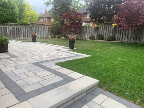 Pavers Off Deck, Interlock Patio Backyard, Unilock Pavers, Pavers Design, Diy Patio Pavers, Shale Grey, Patio Plans, Pavers Backyard, Paver Designs