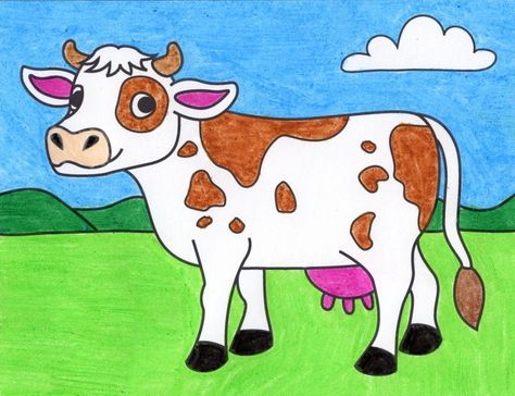 How to Draw a Cow · Art Projects for Kids Cow Cartoon Drawing, Cow Drawing Easy, Drawing Pictures For Kids, Cow Sketch, Cow Coloring Pages, Cow Drawing, Easy Cartoon Drawings, Kids Painting, Cow Pictures