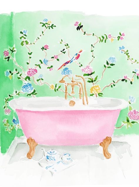 Pink Bathtub at ArtfullyWalls, undefined Pink Bathtub, Whimsical Bathroom, Unique Framing, Artfully Walls, Artist Wall, Interior Illustration, Gallery Wall Decor, Whimsical Fashion, Floral Prints Art