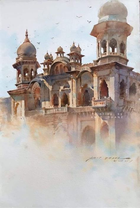 CÂNÂ Art Page | By Amit Chandrakant Dhane / INDIA/ Watercolor | Facebook India Watercolor Painting, Udaipur Paintings, Indian Architecture Painting, Watercolor Art Indian, Watercolor Scenery, India Painting, Building Painting, Watercolor Architecture, Beautiful Art Paintings