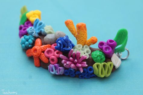 ~Coral reef charm~ by Teacharms on deviantART Fondant Coral Reef, Clay Coral Tutorial, Polymer Clay Coral Reef, Coral Polymer Clay, Clay Coral, Clay Ocean, Clay Art For Kids, Clay Stuff, Cute Polymer Clay