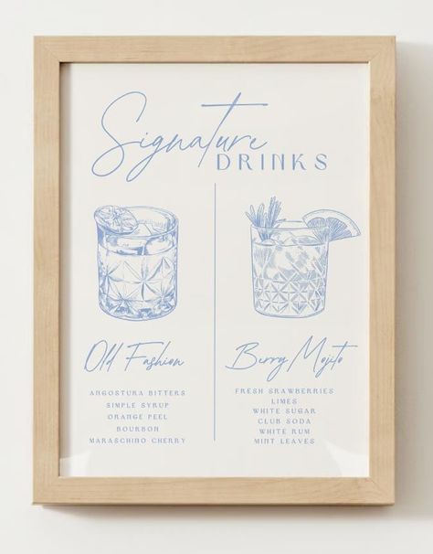 This unique signature drink sign will add some sparkle to your wedding! Once purchased, you will receive a file to customize and print to use at your wedding/event! Signature Drink Sign Birthday, Coastal Theme Wedding Decor, Blue Wedding Sign, Soft Blue Wedding Decor, Wedding Ceremony Drinks, Signature Drink Wedding, Baby Blue Wedding Decorations, Signature Drink Ideas, Signature Cocktails Wedding Sign