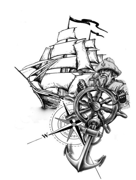 Pirate Themed Tattoos, Ship Wheel Tattoo, Pirate Ship Tattoos, Compass Tattoo Men, Pirate Ship Tattoo, Boat Tattoo, Wheel Tattoo, Compass Art, Bee Artwork