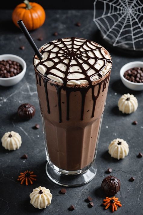 A photo of a  Spider Web Chocolate Milkshake which is a type of Halloween Milkshare ideas Halloween Smoothies For Kids, Fun Cafe Ideas, Halloween Milkshake Ideas, Spooky Hot Chocolate, Hot Halloween Drinks, Halloween Treats Aesthetic, Fall Milkshakes, Halloween Latte Art, Spooky Milkshake