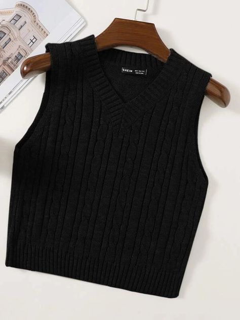 Chaleco jersey tejido de cable escote V | SHEIN Sweater Vest Outfit Women, V Neck Cable Knit Sweater, Cable Knit Sweater Vest, Sweater Vest Outfit, Sweater Vests, Knit Sweater Vest, Sweater Vest Women, Women Sweater, Men Fashion Casual Outfits