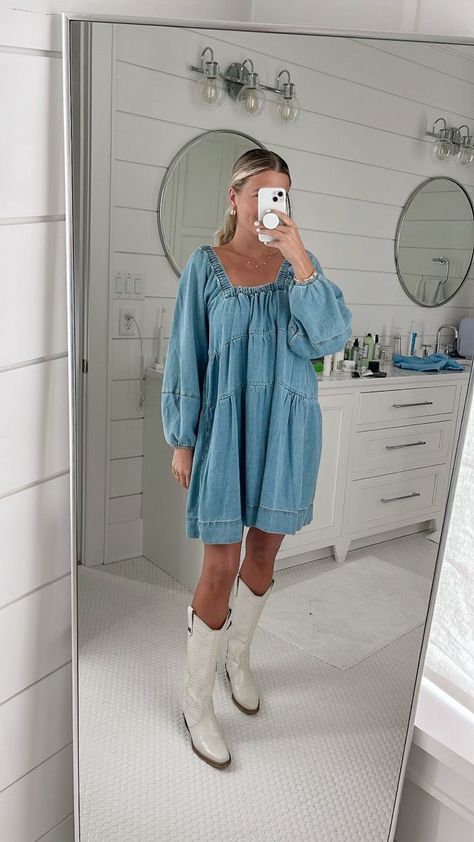 Dress Outfits Cowboy Boots, Free People Dress With Cowboy Boots, Free People Cowboy Boots Outfit, Denim Dress With Cowgirl Boots, Boho Outfit With Cowboy Boots, Blue Dress Cowboy Boots, Cowboy Boots Outfit Work, Denim Dress Cowboy Boots, Denim Dress And Boots