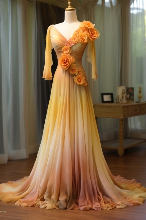 Rose flower inspired gown Starfall Ball, Orange Gown, Fantasy Clothes, Modest Evening Dress, Ladies Room, Gown Style, Fantasy Dresses, 3d Rose, Fantasy Gowns