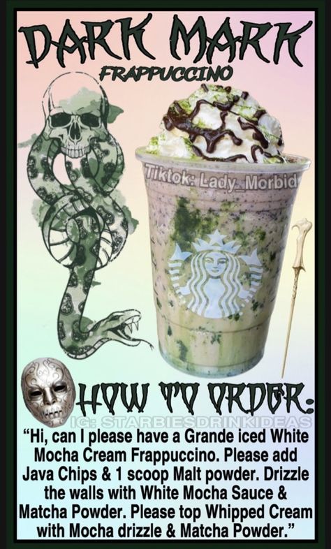 Hazbin Hotel Starbucks Drinks, Starbucks Drinks Harry Potter, Creative Starbucks Drinks, Starbucks Frappe Orders, Starbucks Copycat Recipes Drinks, Starbucks Halloween Drinks, The Dark Mark, Harry Potter Drinks, Starbucks Ideas