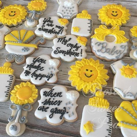 Holiday is over.  Time to get these cookies to a new mamma-to-be.  #youaremysunshine #cookies #decoratedcookies #sunshine #baby #babyshower #babyshowercookies #frostedsweetpeas #coloradobaker Girl Shower Themes, Sunflower Party, Sunflower Baby Showers, Creative Baby Shower, Sunshine Baby Showers, Baby Shower Yellow, Baby Shower Party Ideas, Summer Baby Shower