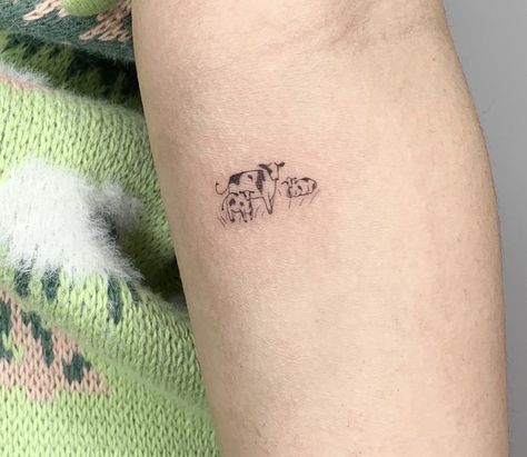 Micro Animal Tattoo, Tiny Highland Cow Tattoo, Small Farm Tattoo, Dainty Sheep Tattoo, Farm Tatoos, Baby Calf Tattoo, Dainty Cow Tattoo, Cow And Calf Tattoo, Farm Animals Tattoo