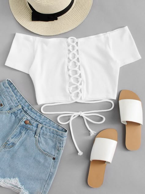 Off Shoulder Lace Up Crop Top -SheIn(Sheinside) Teen Crop Tops, Gaun Fashion, Super Outfit, Shein Outfits, Trendy Outfits For Teens, Cute Crop Tops, Crop Top Outfits, Outfit Trends, Cute Summer Outfits