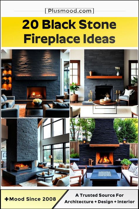 20 Black Stone Fireplace Ideas To Make A Statement Slate Stacked Stone Fireplace, Black Stone Fireplace Wall, Black Rock Fireplace, Dark Stone Fireplace, Black Stone Fireplace, Stacked Rock Fireplace, Stone Fireplace Ideas, Black Tile Fireplace, Black Brick Fireplace