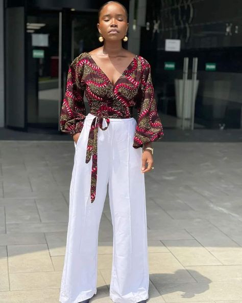 Trousers And Tops Ankara, Ankara Top Designs, Kitenge Tops Designs, Cute Ankara Tops, Chitenge Tops, Ankara Tops For Trousers, African Fashion Tops Blouses, Ankara Tops With Pant Trousers, Ankara Top With Trousers