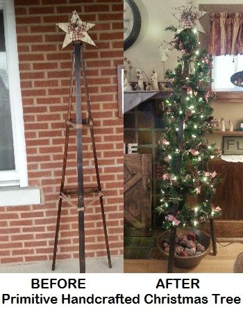 My husband and I made a primitive Christmas (tripod) Tree. Here are the Before and After pictures of our handcrafted tree. Tripod Christmas Tree, Stick Christmas Tree, Pot Luck, Winter Ideas, After Pictures, Primitive Christmas, Tree Diy, Before And After Pictures, Love Your Home