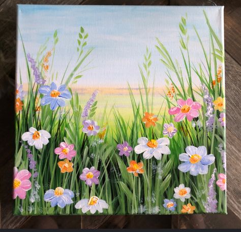 Meadow Painting Acrylic Easy, Wildflower Field Painting Easy, Wildflowers Canvas Painting, Flower Scenery Painting Easy, Garden Painting Ideas Canvas, Flower Paint And Sip, Flower Fields Drawing, Flowers In Grass Painting, Flower Garden Painting Easy