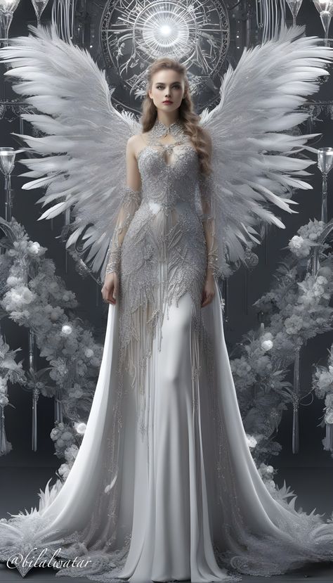 White Dress With Angel Wings, White Dress Fantasy Art, Fantasy Formal Wear, White Fantasy Dress, Fantasy Dress Queens, Fantasy Queen Dress, White Angel Dress, Women With Wings, Fantasy Formal