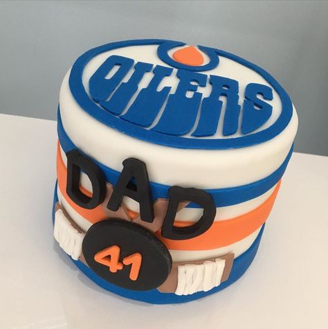 Edmonton Oilers Hockey Birthday Cake with fondant and buttercream frosting by Captain Killjoy Cakery in Lethbridge, AB. Oilers Cake Birthdays, Hockey Themed Birthday Cake, Hockey Birthday Cake Diy, Edmonton Oilers Cake Birthday, Edmonton Oilers Cake, Hockey Birthday Cake, Oilers Nails Edmonton, Hockey Birthday, Oilers Hockey