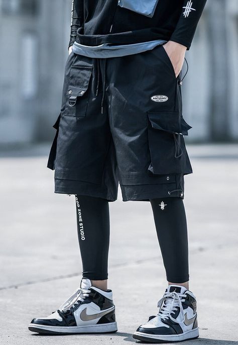 ANTI-SNS Utility Cargo Shorts-streetwear-techwear Cargo Shorts Drawing, Streetwear Fashion Men Summer, Long Socks Outfit Men, Tech Streetwear, Socks Outfit Men, Techwear Shorts, Essentials Outfit, Witch Comic, Streetwear Fashion Men