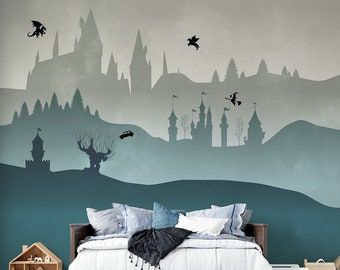 Harry Potter Wallpaper | Etsy Avatar Nursery, Hogwarts Mural, Hogwarts Nursery, Harry Potter Wall Mural, Harry Potter Mural, Harry Potter Themed Nursery, Castle Mural, Fantasy Nursery, Tapestry Backdrop