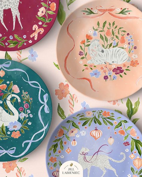 A dinnerware collection that reflects all the magic and enchantment of the holiday season ✨❄️ . Festive swans, giraffes, leapards and zebras nestles amongst jewel toned florals and soft snowflakes. Procreate Illustration, Illustration Love, Tableware Collection, Giraffes, Swans, Zebras, Jewel Tones, Repeating Patterns, Surface Pattern