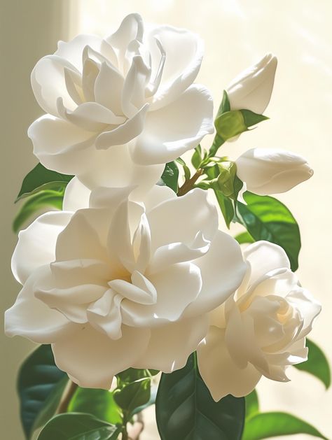 White gardenia flower, large flowers with petals that spiral outwards,  green leaves, closeup of gardenias blooming on trees, photography in the style of natural light. 1856X2462 5.9MB  notice: 1. Colors may vary from screen to print (once/IF printed) 2. All prints are for PERSONAL use ONLY. Any reselling, redistribution, or sharing without obtaining written permission from the owner is prohibited. Floral Photography Nature, Gardenia Flower, Trees Photography, White Gardenia, Nothing But Flowers, Garden Containers, Exotic Flowers, Flowers Nature, Flower Photos