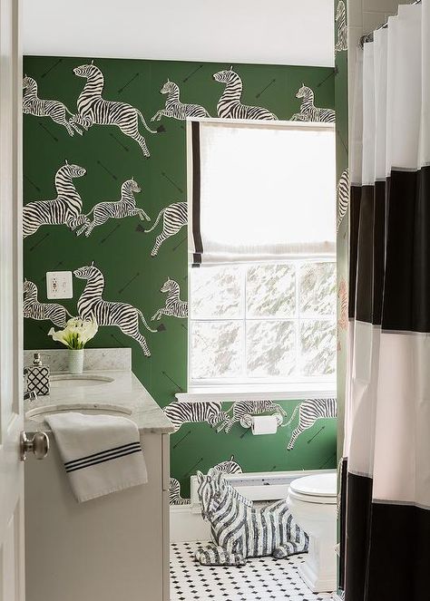 Charming Scalamandre Zebra Wallpaper covers the walls of bathroom fitted with a white dual washstand finished with a carrera marble countertop. Small Bathroom Paint Colors, Erin Gates Design, Colorful Bathrooms, Best Bathroom Colors, Small Bathroom Paint, Zebra Wallpaper, Wallpaper Bathroom, Bathroom Color Schemes, Living Vintage