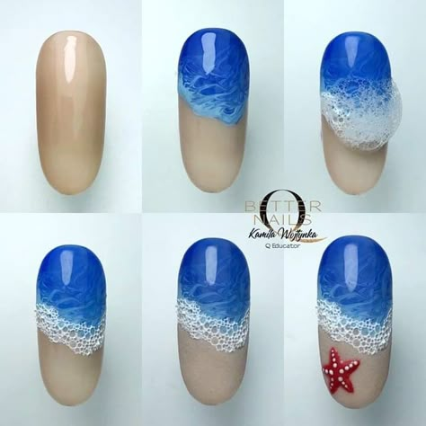 Sea Design Nails, Beach Nail Art Designs Summer, Ocean Waves Nails, Beach Nails Tutorial, Sea Nails Designs The Beach, Sea Nail Art The Beach, Beach Design Nails, Beach Nail Designs Ocean, Wave Nails Design