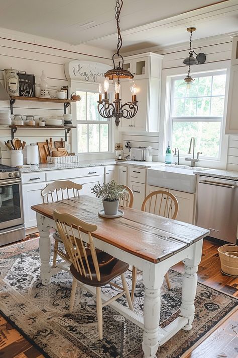 Embrace rustic farmhouse kitchen decor ideas that celebrate the beauty of imperfection and the simplicity of country living. Let your kitchen reflect your love for all things cozy and charming. #RusticCharm #FarmhouseKitchen #DecorIdeas #CountryLiving #CozyCharm White Rustic Home Decor, Rustic Farm Cottage, Cute Farmhouse Interior, Rustic Farm Home Decor, Small Farmhouse Interior, Small Eat In Kitchen Ideas, Cute Kitchen Aesthetic, Country Living Aesthetic, Old Rustic Farmhouse