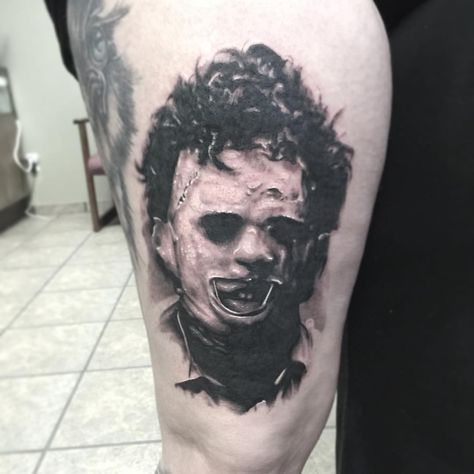 Awesome creepy Halloween leatherface tattoo black and gray black work realistic by Cody Brigan Leatherface Tattoo, Chainsaw Tattoo, Horror Sleeve, Faces Portrait, Horror Tattoos, Horror Movie Tattoos, Monster Tattoo, Portrait Tattoos, Evil Tattoos