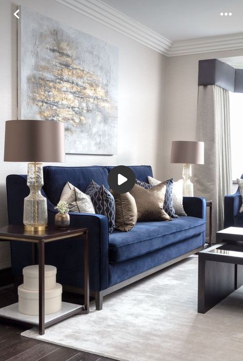 Navy Sofa Living Room, Blue Velvet Sofa Living Room, Blue Sofas Living Room, Velvet Sofa Living Room, Blue Couch Living Room, Small Deck Decorating, Navy Living Rooms, Blue Living Room Decor, Gold Living Room