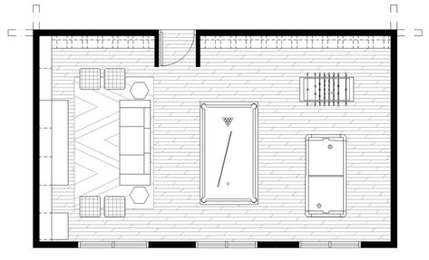 Family Room With Pool Table Layout, Rec Room Layout Ideas, Entertainment Room With Pool Table, Media Room Floor Plan, Game Room With Bar Ideas, Entertainment Room Floor Plan, Game Room Layout Floor Plans, Recreational Room Interior Design, Entertainment Room Interior Design