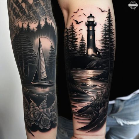 Lighthouse Forearm Tattoo, Light House Tattoo, Ship Tattoo Sleeves, Lighthouse Tattoos, Nautical Tattoo Sleeve, Sleeve Filler, Tattoo 2024, Filler Ideas, Lighthouse Tattoo