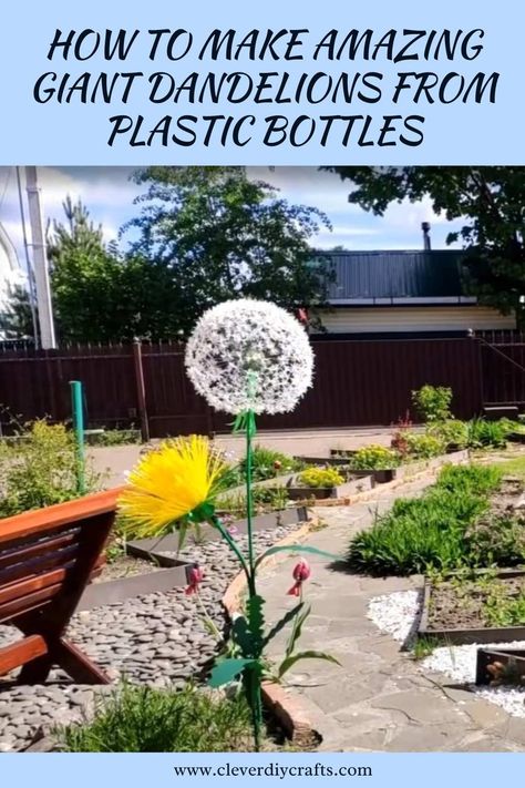 How to Make Amazing Giant Dandelions from Plastic Bottles Diy Giant Dandelion Flower, Large Dandelion Flower Diy, Giant Outdoor Flowers Diy, Diy Dandelion Flower, Giant Dandelion Diy, Diy Yard Art Crafts, Diy Lawn Decor, Diy Yard Art From Junk, Dandelion Crafts